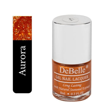 DeBelle Gel Nail Polish Aurora (Amber with Copper Glitter Nail Paint)|Non UV - Gel Finish |Chip Resistant | Seaweed Enriched Formula| Long Lasting|Cruelty and Toxic Free| 8ml